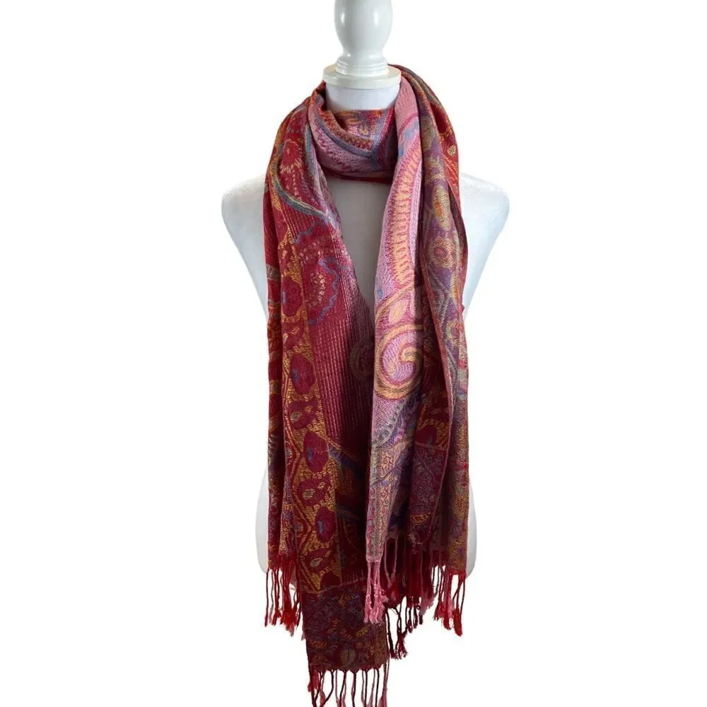 Large Lavender and Red Fringe‎ End Pashmina Appr 72”x27”
